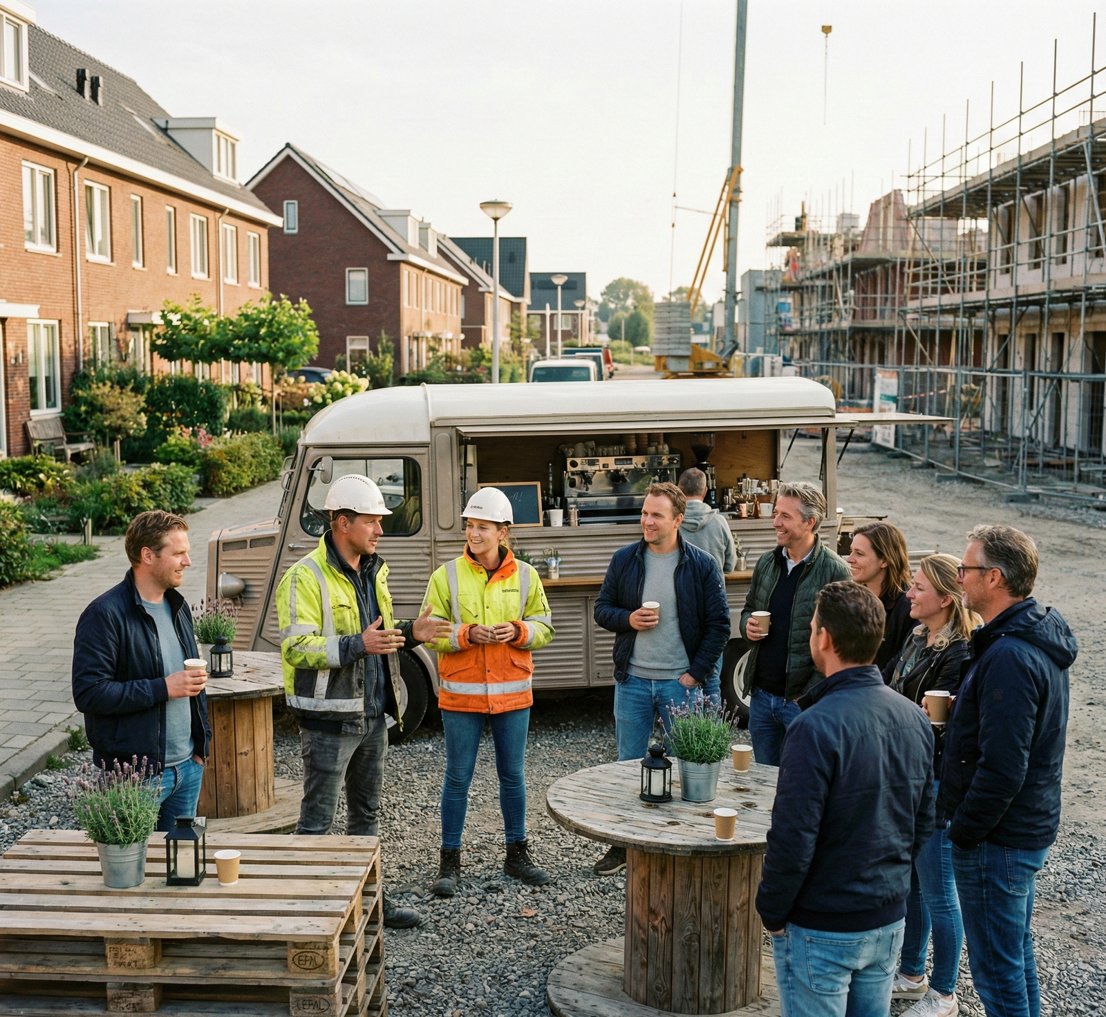 Een nieuwe wijk in aanbouw met een koffiekar, waar bewoners koffie halen en uitleg krijgen van bouwvakkers met helmen